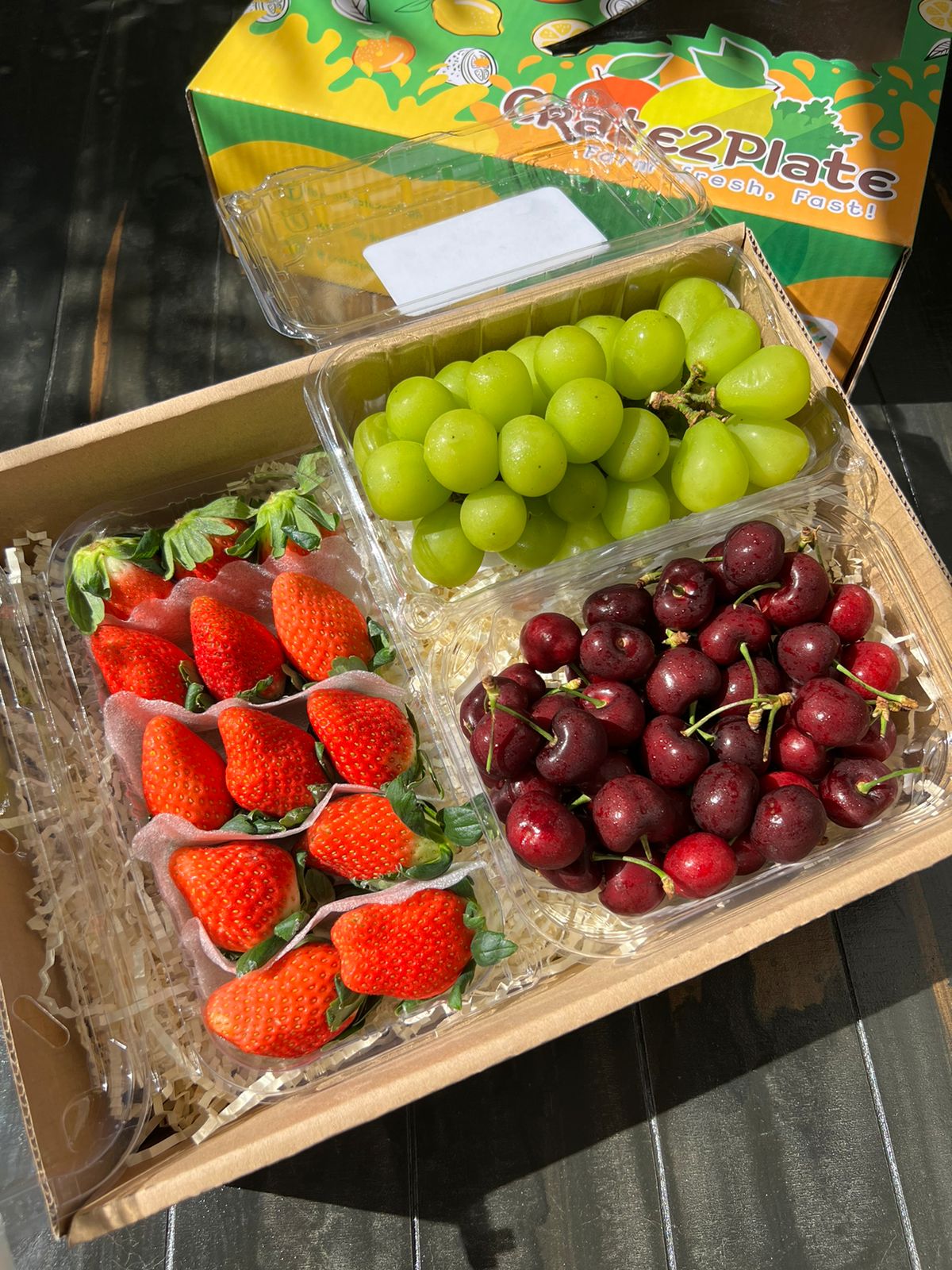 Gift Box Korean Strawberries 330g , Regular Muscat Clamshell and Red Cherries Half kg