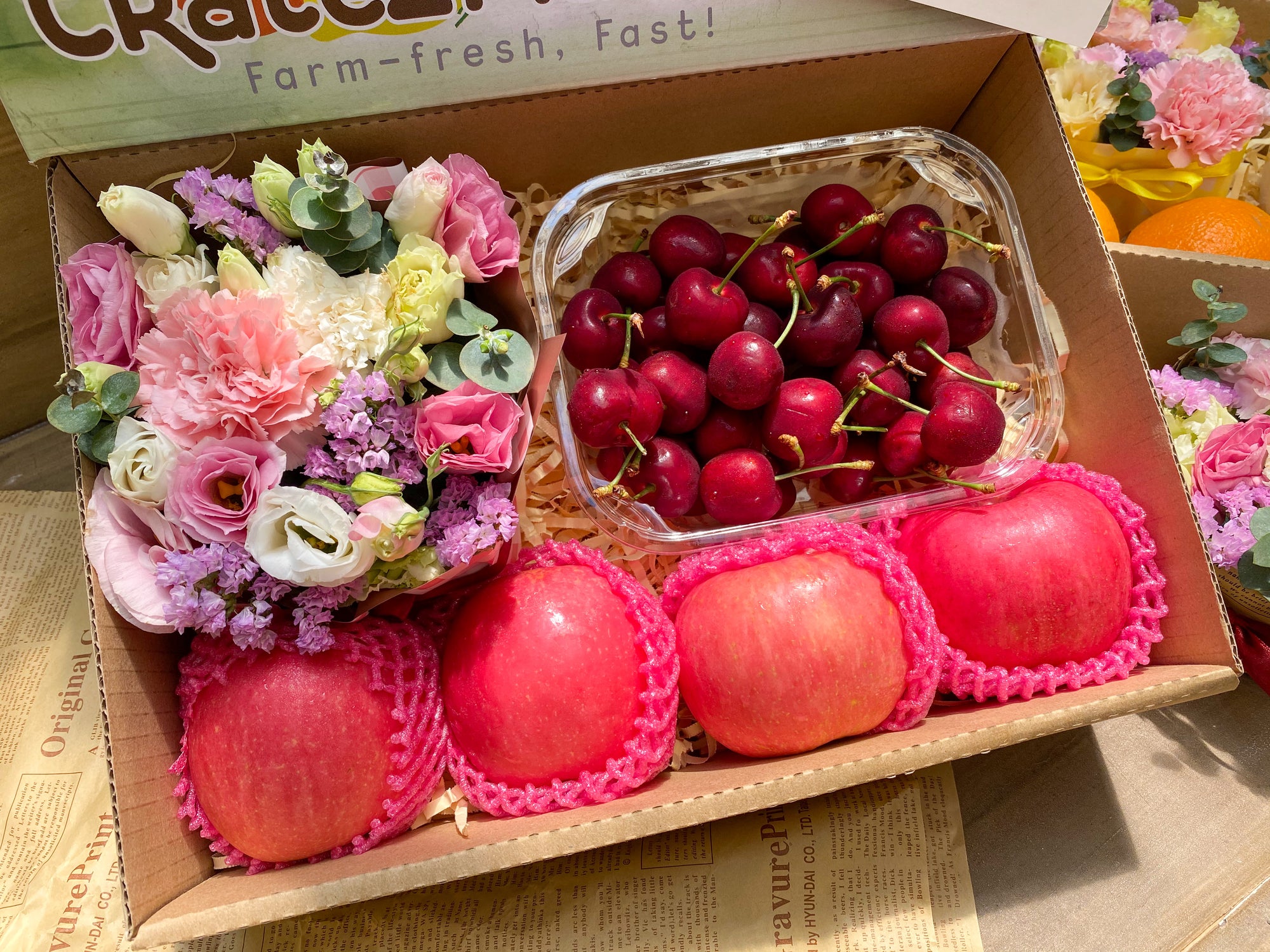 Gift Box Red Cherries and Fuji Apples in Flower Box