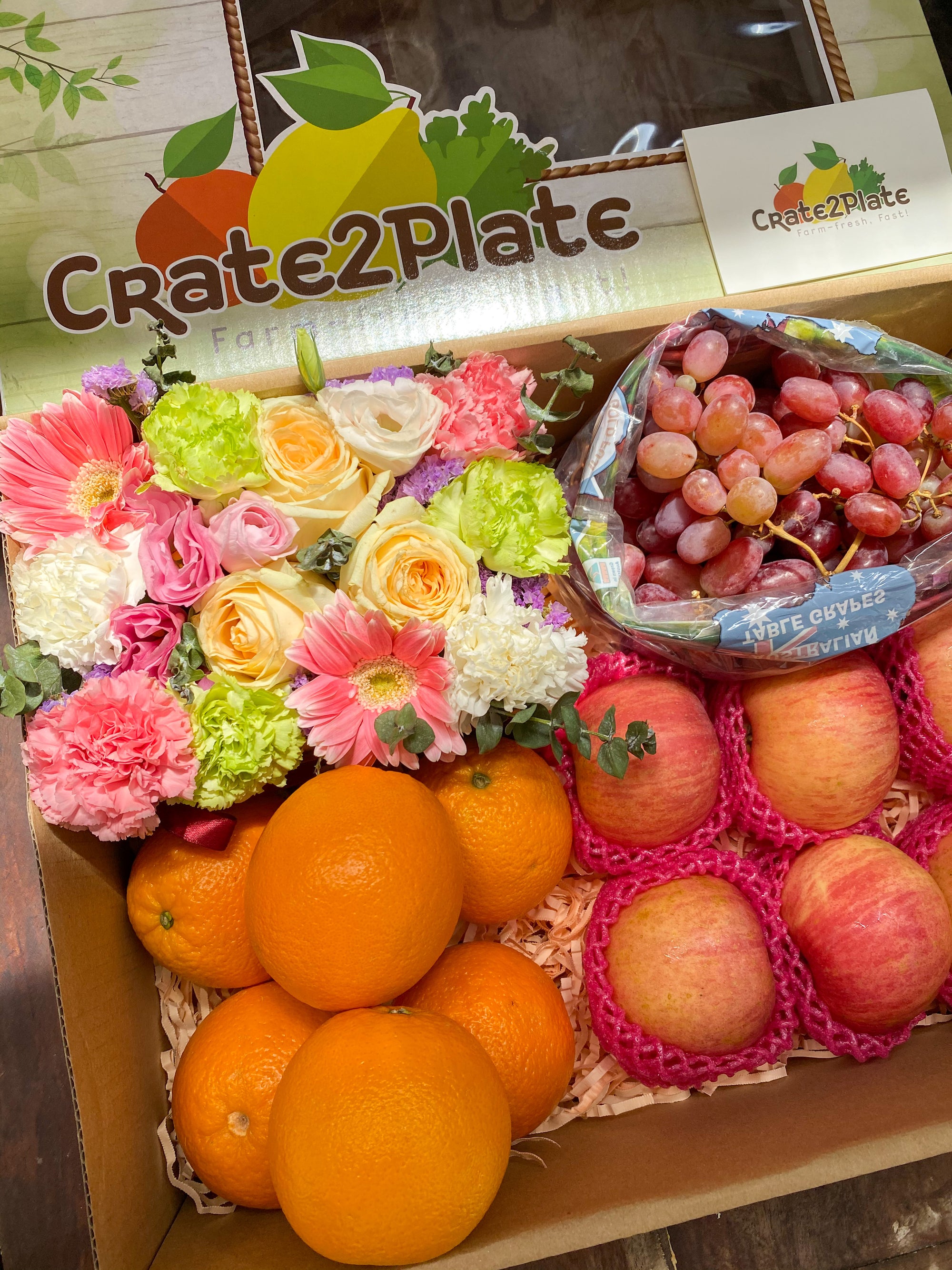 Large Flower Gift Box Red Grapes, Oranges and Fuji Apples