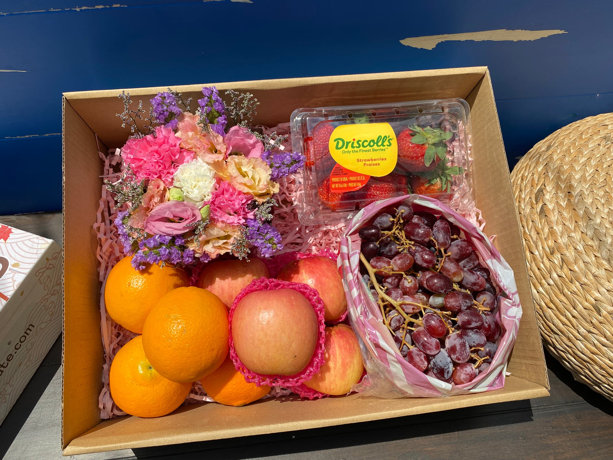 Large Flower Gift Box Strawberries, Red Grapes , Fuji and Orange
