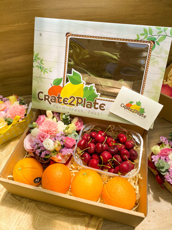 Gift Box Red Cherries and Oranges in Flower Box